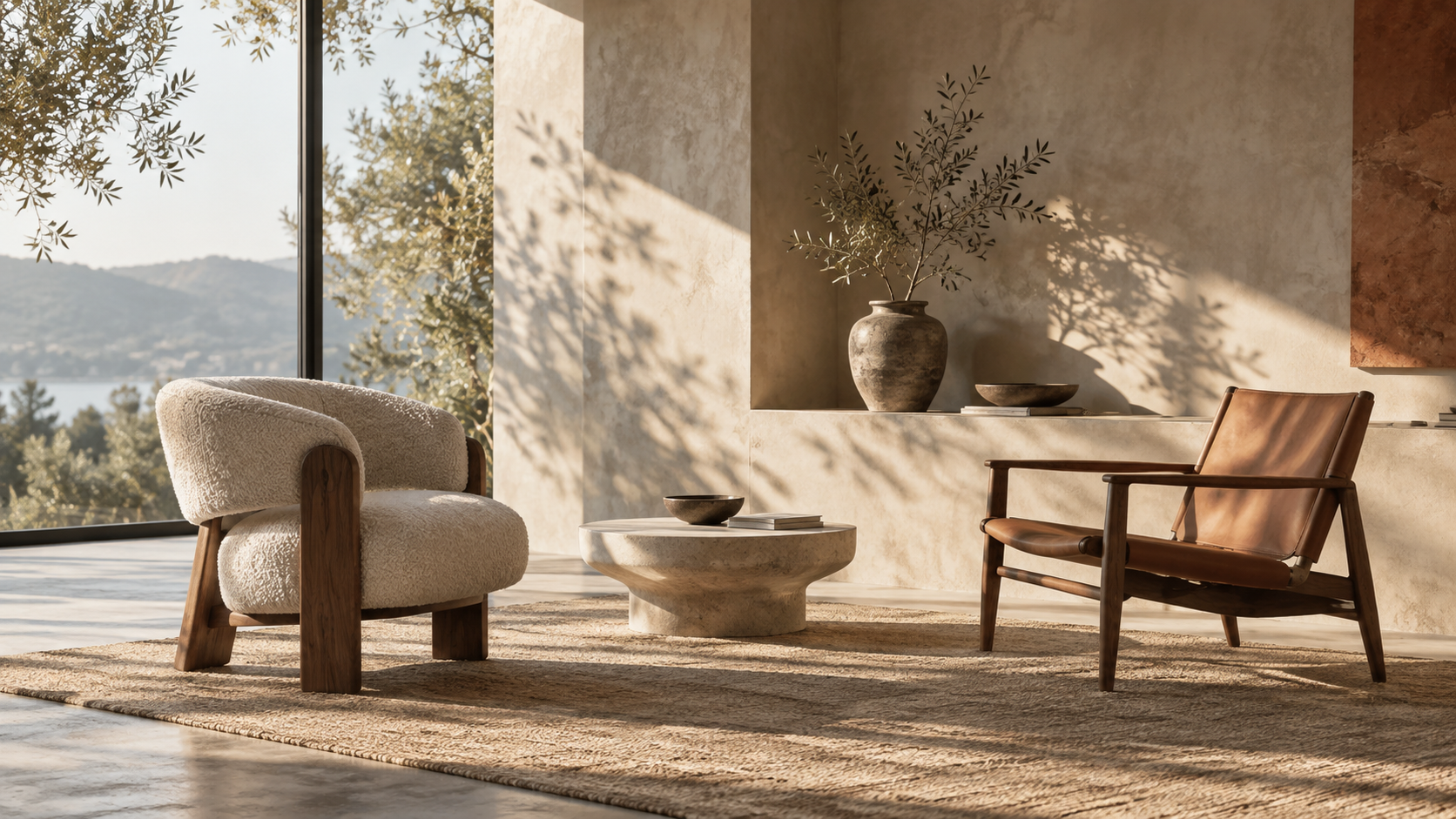Two chairs facing each other in a warm architectural interior.