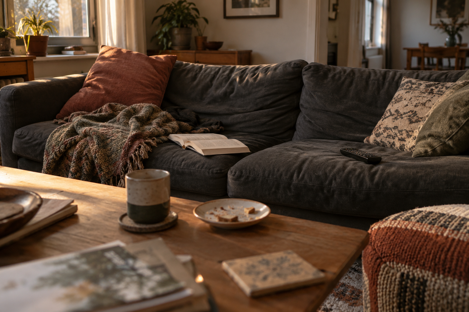 A rumpled sofa with a blanket, mug and remote on a quiet afternoon.
