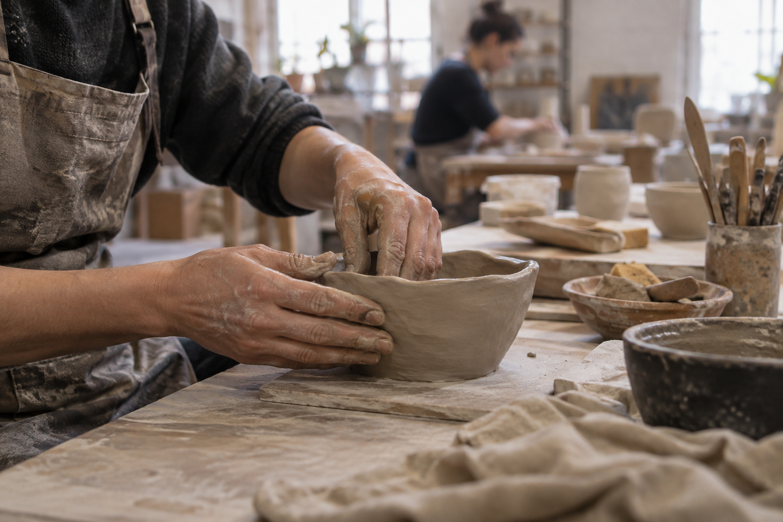 Hands working with clay during a pottery class.