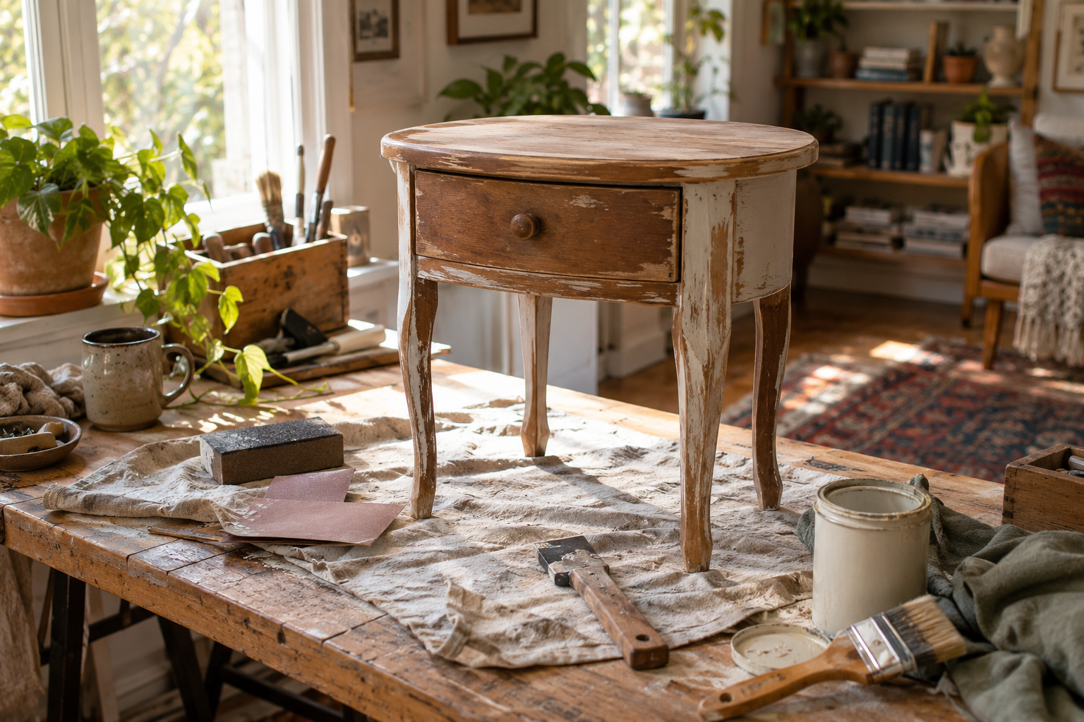 A half-finished furniture project with tools and materials on a work surface.