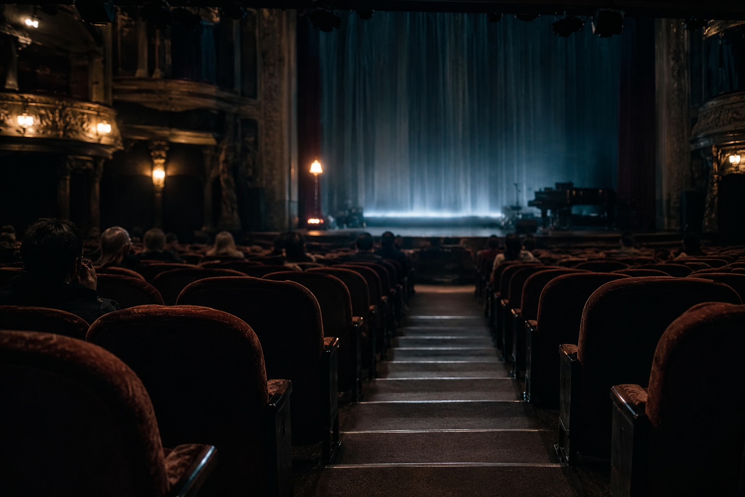 Rows of seats in an atmospheric cinema or theatre before a performance.
